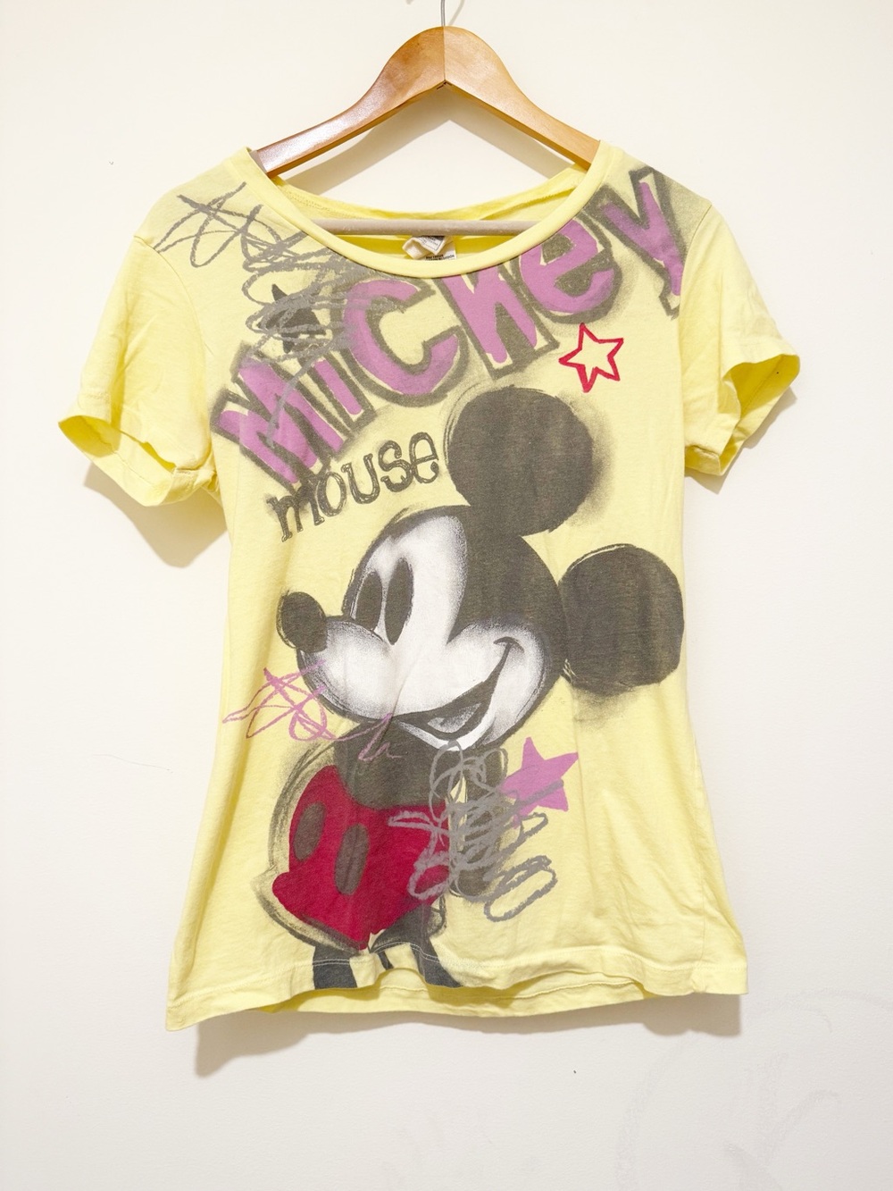 Disney Yellow Mickey Mouse Graphic Tee with Pink Accents